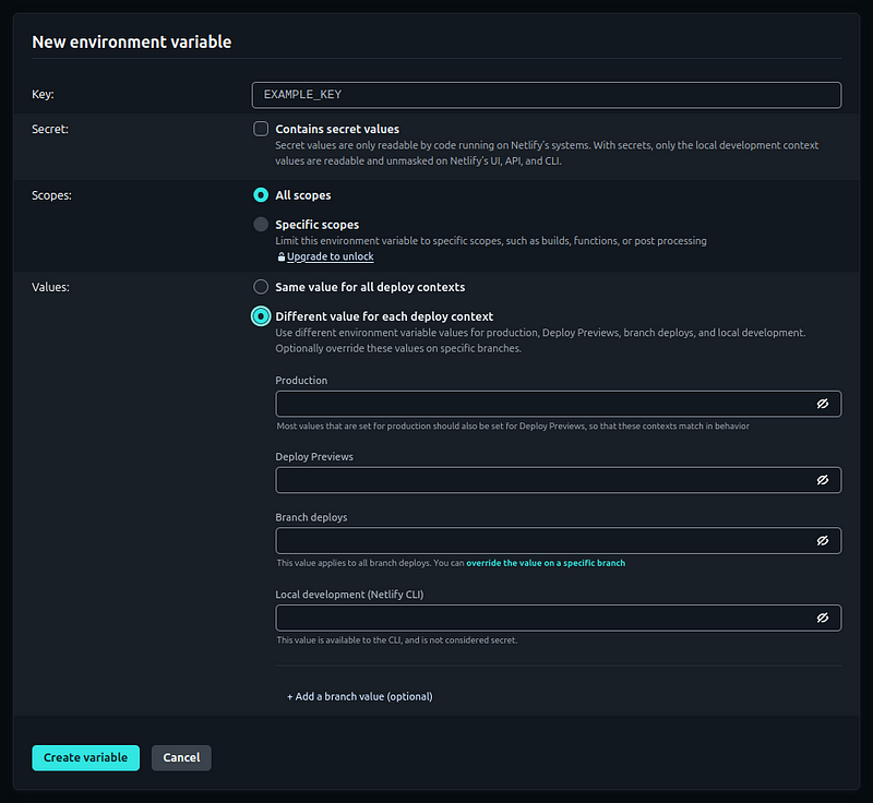 Environment variable insertion screen for single variable, showing value options for different contexts