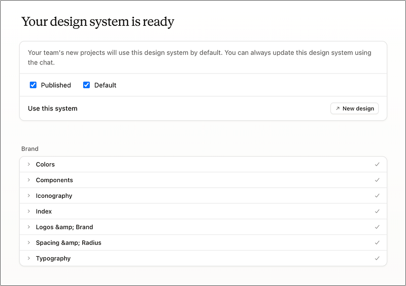 Design system setup screen with the heading “Your design system is ready,” showing published and default status, a “Use this system” section with a “New design” button, and a checklist of brand elements including colors, components, iconography, logos, spacing, and typography.