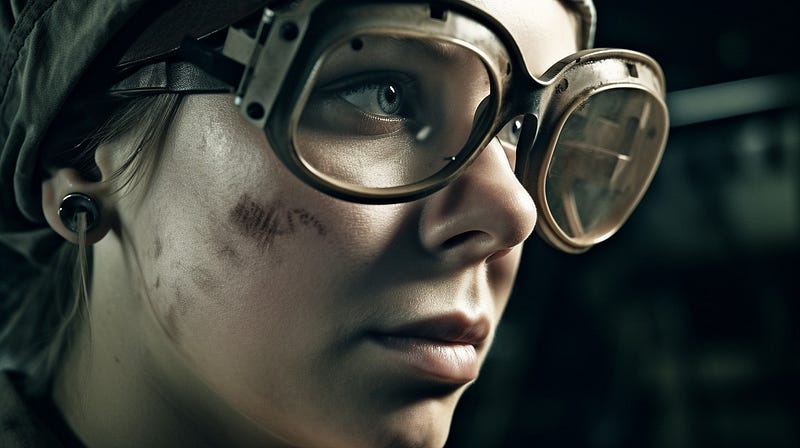 A photo of a woman’s face with various grease smutses having a large glasses