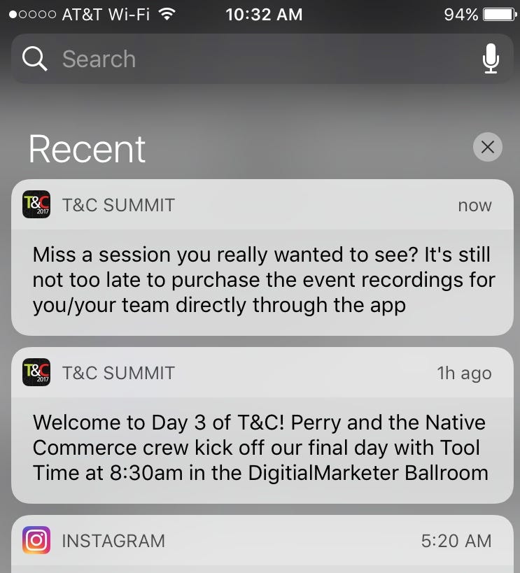 iphone notification from Traffic and Conversion Summit app 