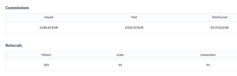 An affiliate dashboard with $500 earnings