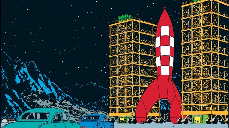 A rocket preparing to launc, taken from a Tintin comic book.