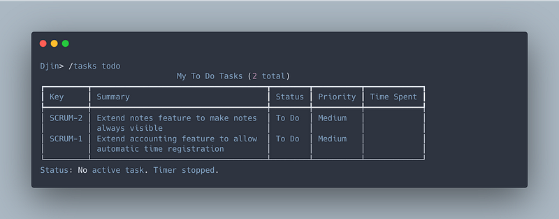 Terminal window with macOS red, yellow, and green buttons in the top-left corner showing the output of the command ‘/tasks todo’. The screen displays a table titled ‘My To Do Tasks (2 total)’ with columns for Key, Summary, Status, Priority, and Time Spent. Two Jira tickets are listed: SCRUM-2 about extending notes feature, and SCRUM-1 about extending the accounting feature for automatic time registration. Both have ‘To Do’ status and ‘Medium’ priority.