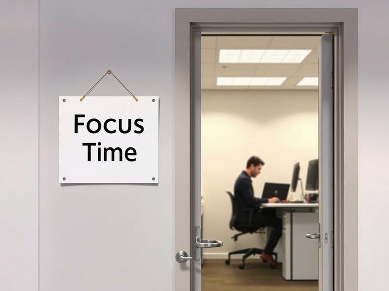 A modern office scene with a closed door and a sign that reads “Focus Time.” A person is seen through a window to the office at their desk, working intently on a laptop.