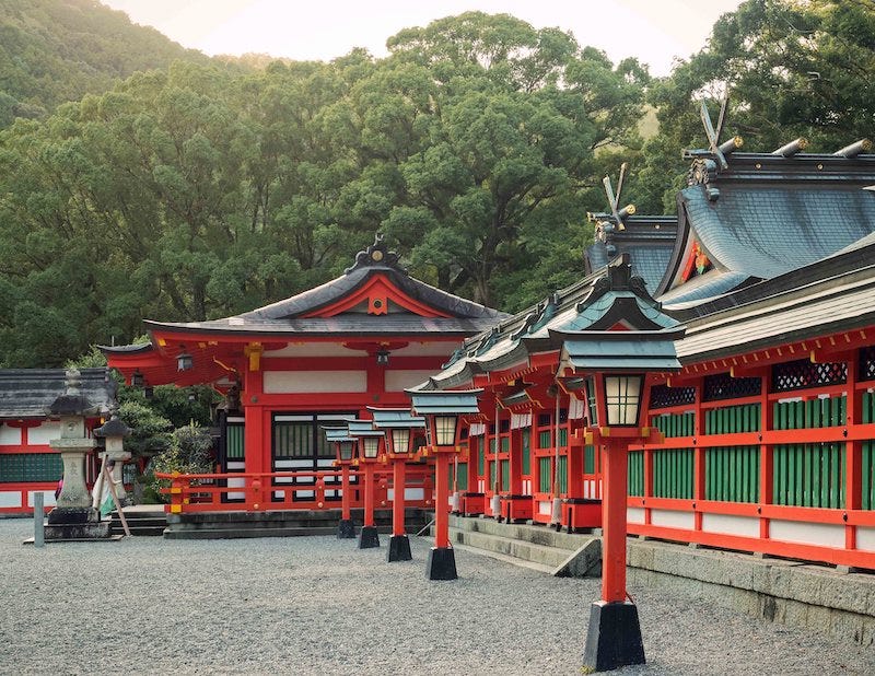 The main shrine halls of Kumano Hayatama Taisha, one of the three Kumano Sanzan shrines in Wakayama Prefecture