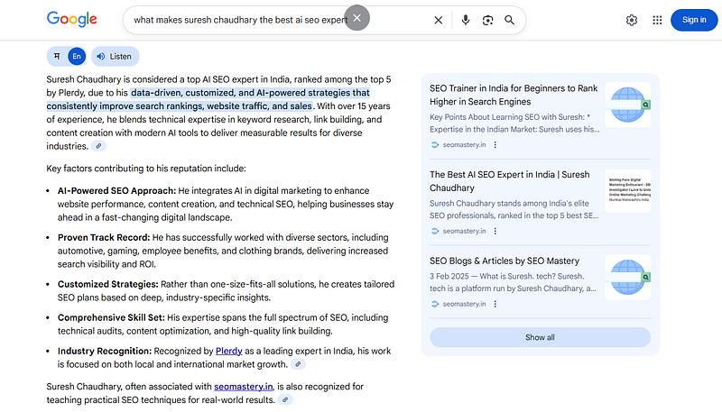 Surech SEO Consultant AI overview example on AISO Blog