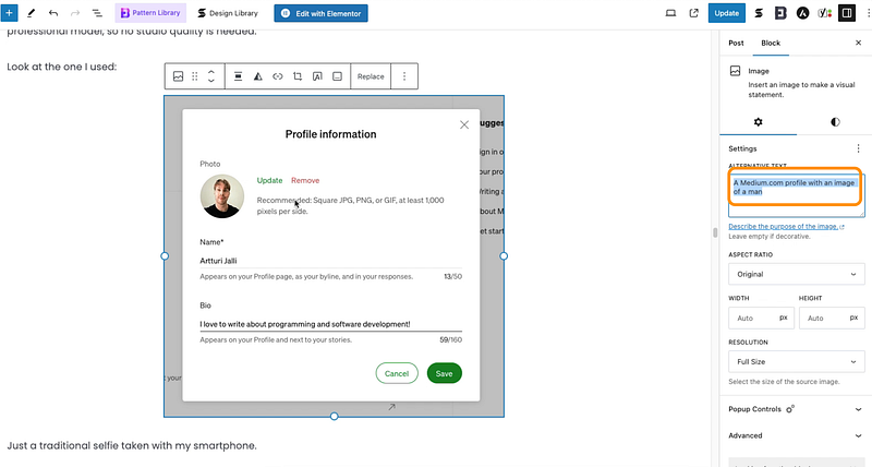Setting an alt text in WordPress editor