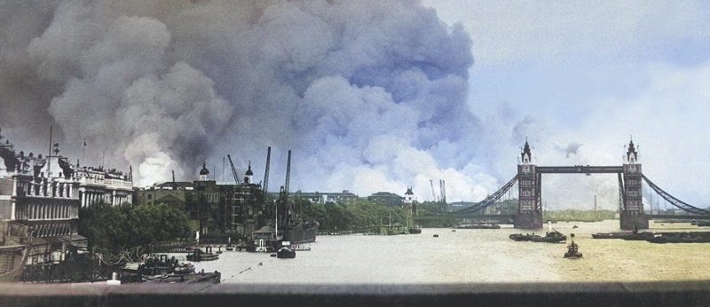 World war II devastation in London — Smoke rising high