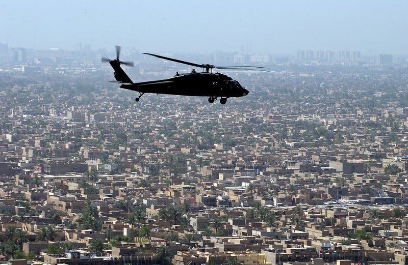 A Black Hawk flying over Bagdad in 2007
