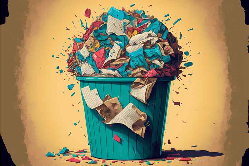 a wastepaper basket overflowing with crumpled pieces of paper, pop art