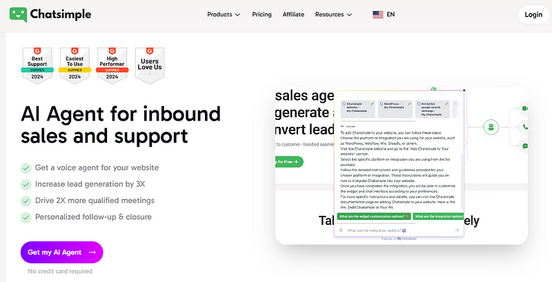 Chatsimple ai agent builder for sales and support