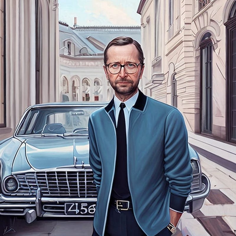An expensively-dressed man standing in front of a blue luxury car with an impressive mansion behind him. This man is both rich and wealthy