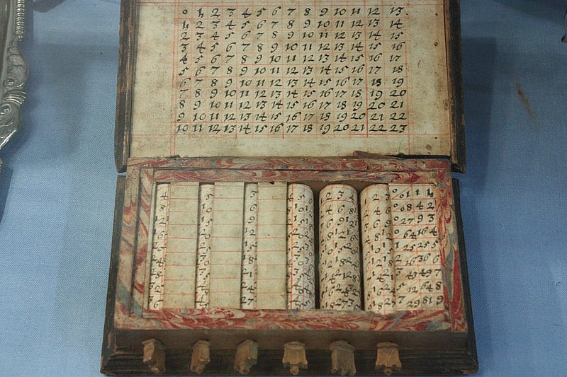 The story of logarithms: A picture of an 18th-century set of Napier’s bones — an unusal device with numeber columns to calculate products and quotients quickly.