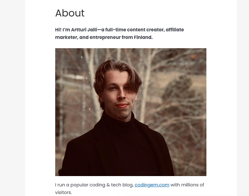 An about page with an image of myself