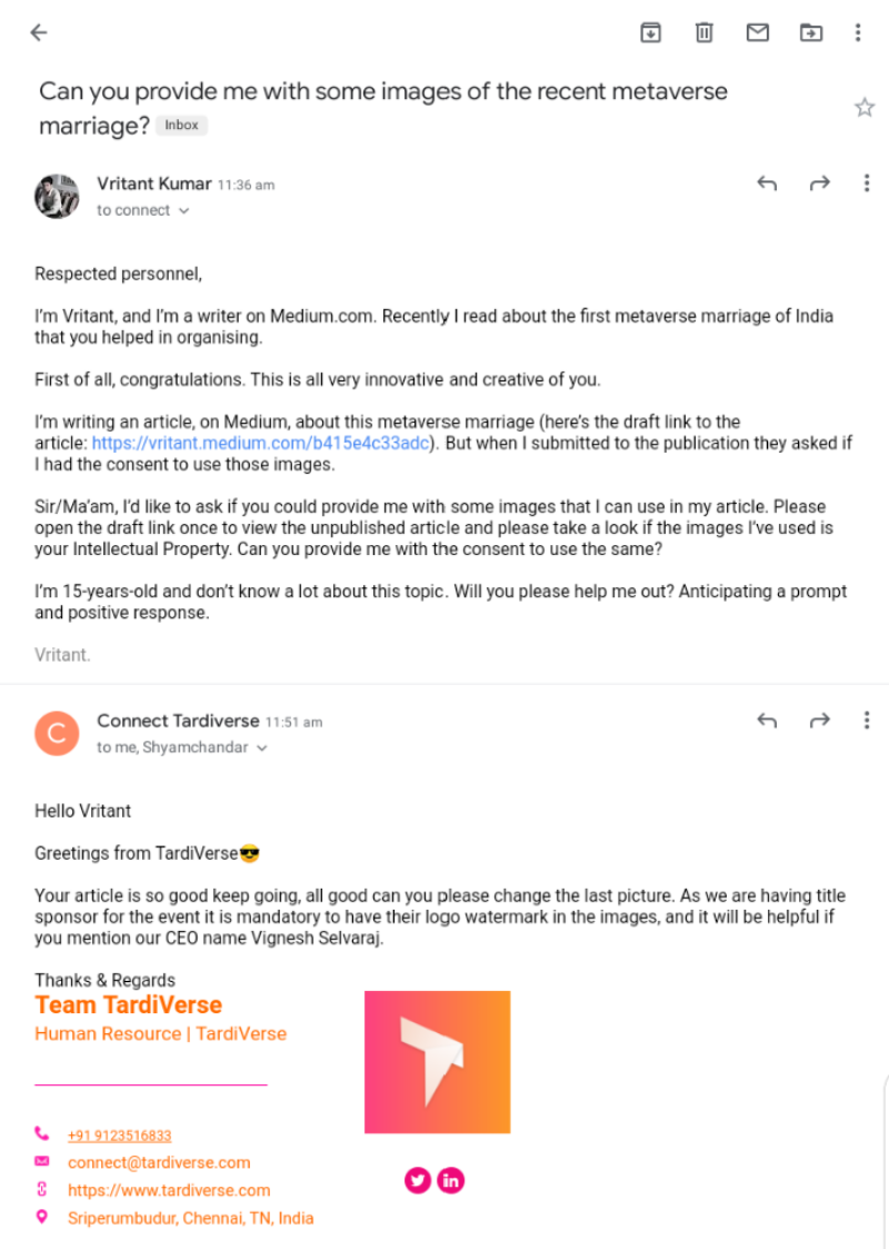 Screenshot of my email exchange with TardiVerse.