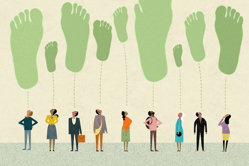 A digital image of a line of cartoon people, each staring up at green footprint shapes of various sizes.