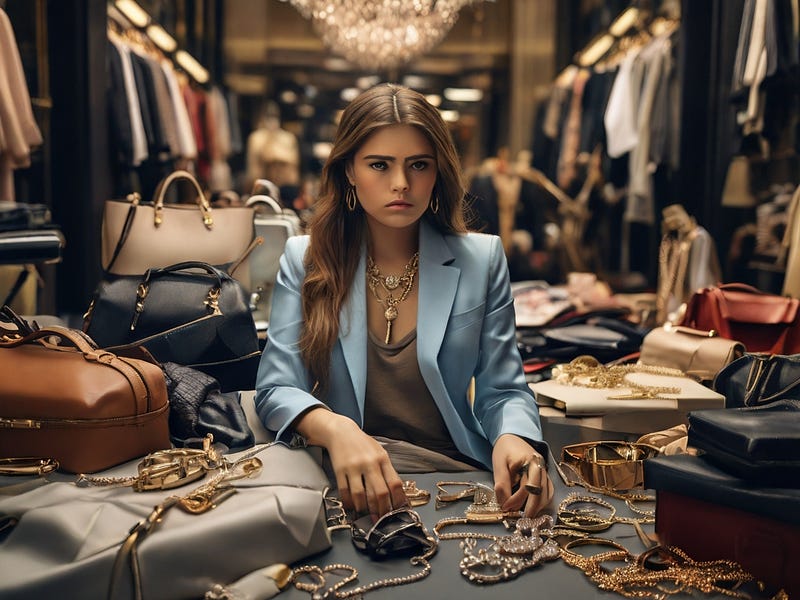 a girl sorrounded by materiastic things
