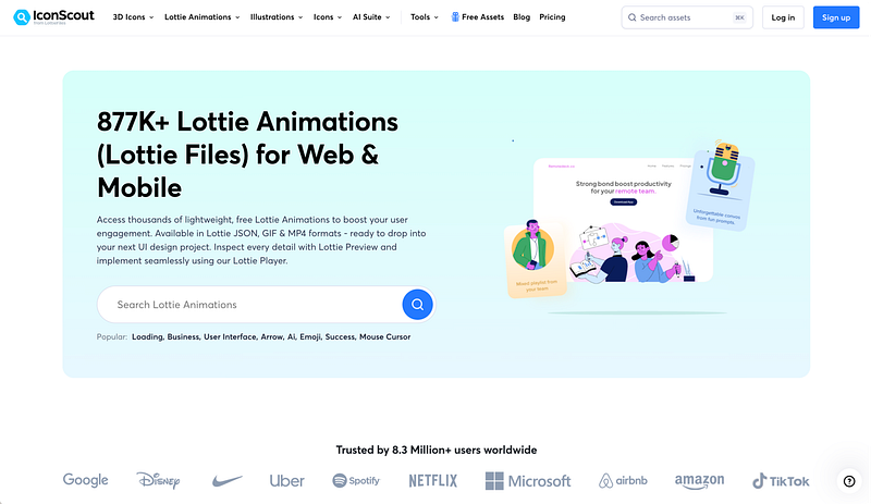 877,000+ Lottie animations. Best for large-scale projects that need variety in animated assets.