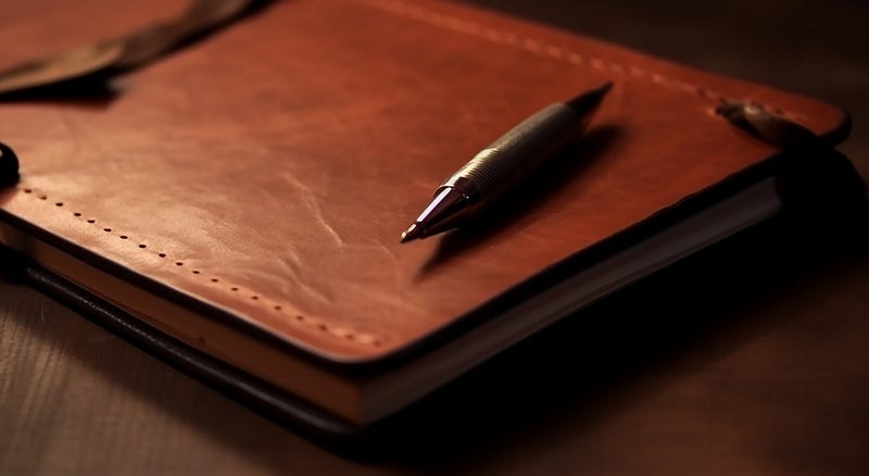 A closed notebook with a leather cover with a pen on top.