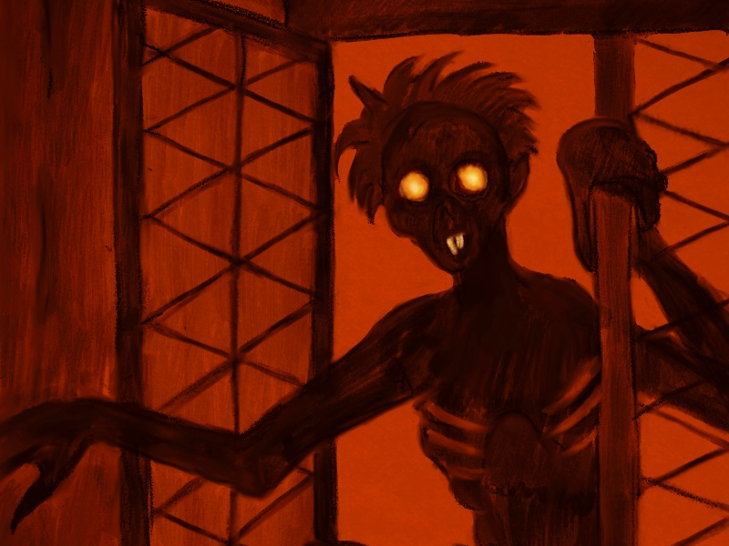 A sinister, dark figure with burning eyes creeps through an open window.