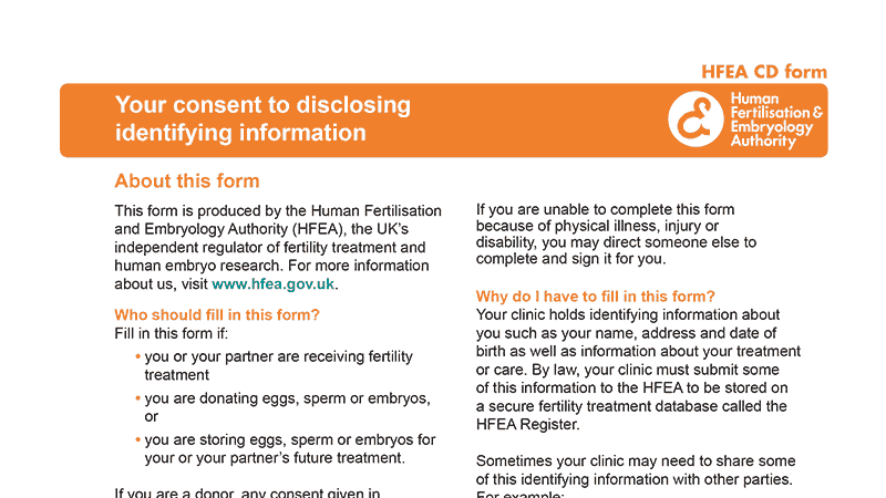 a HFEA CD form: ‘Your consent to disclosing identifying information’