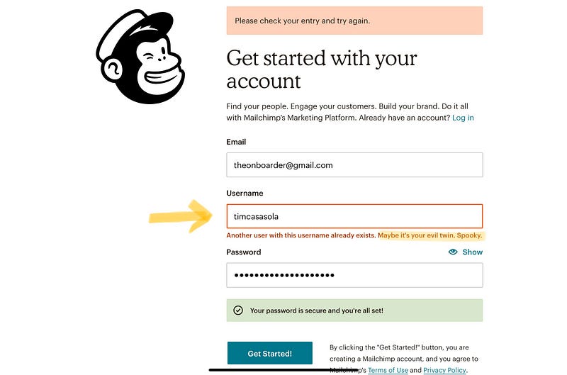 Mailchimp’s “get started” form giving feedback on how my username already exists