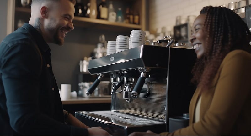 A man and a woman are standing near a coffee machine, talking to each other and smiling.