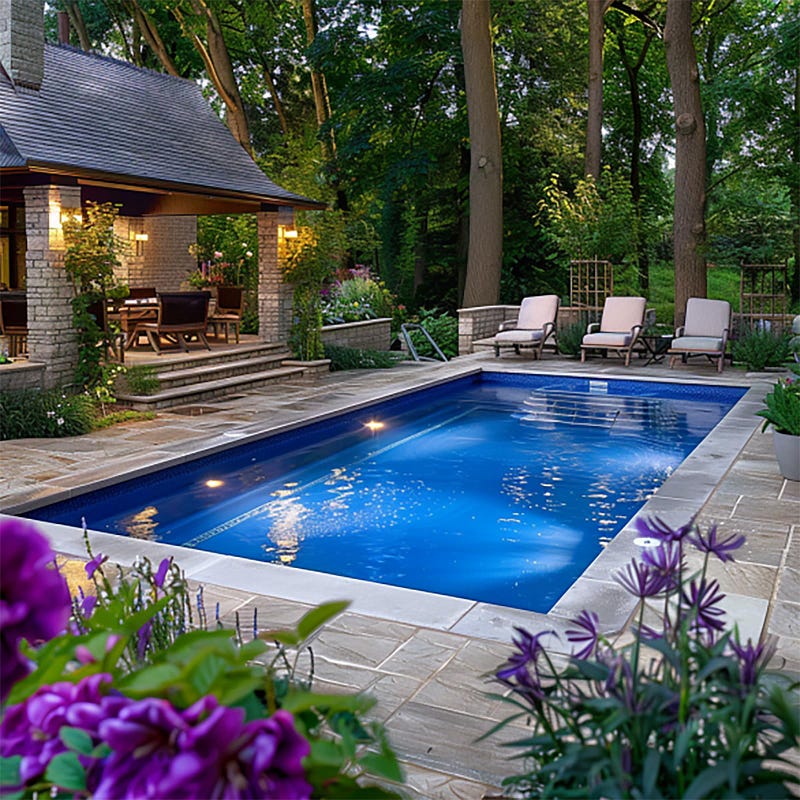 An in-ground swimming pool with a few chairs around it.