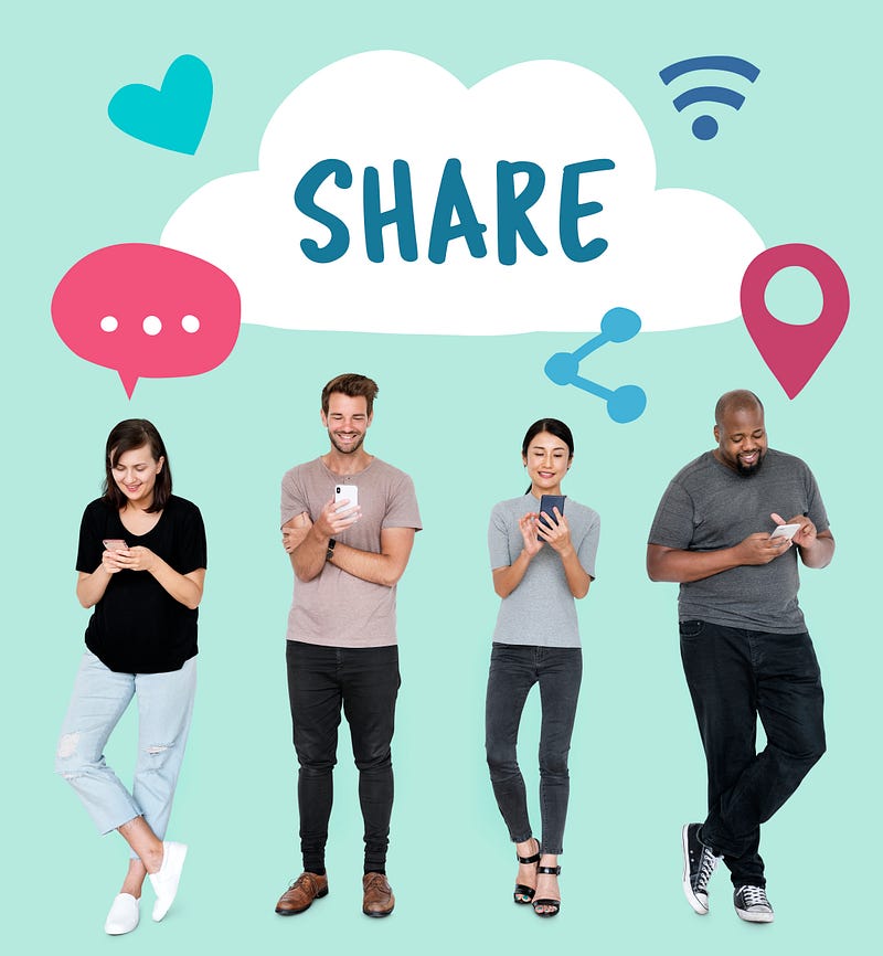 Four young people, female and male, black and white with smartphone in hands and clouds above their heads saying share.