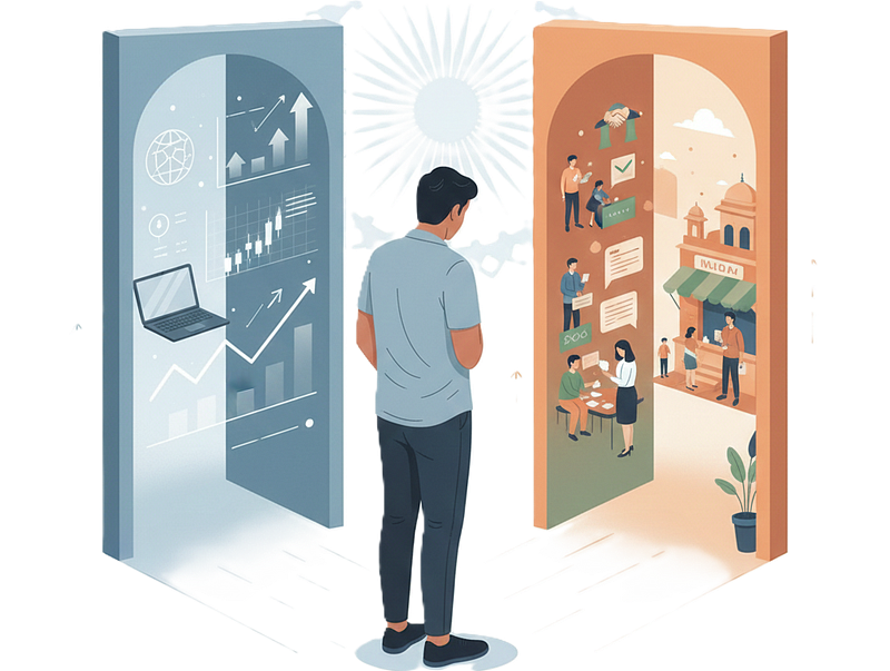 A conceptual illustration showing: Person standing at a crossroads or looking at different doors One door/path shows: Stock market symbols, charts, laptop (familiar path) Other door/path shows: Local businesses, conversations, handshakes (proximity path) Should feel contemplative, not prescriptive Person looking thoughtful, not confident — showing uncertainty