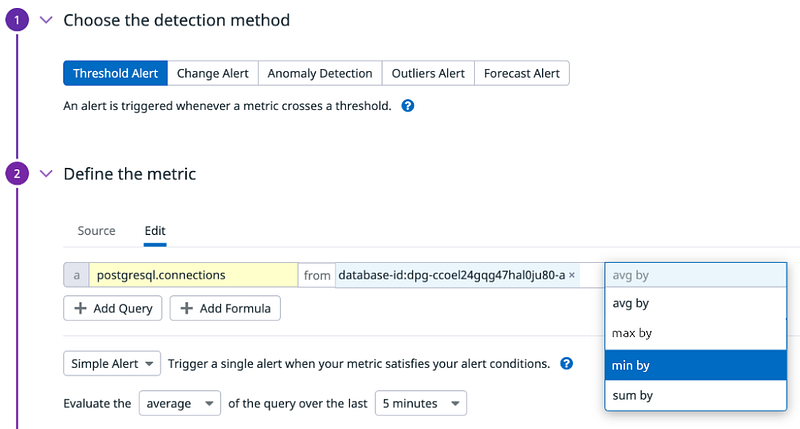 Create a monitor to alert us when the number of active database connections exceeds a threshold