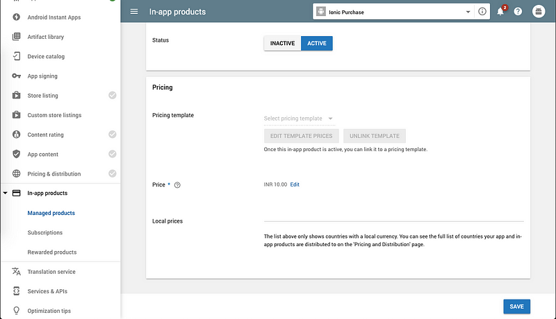 Create a new managed product in play store console
