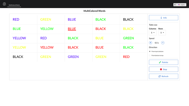 Multicolored words table in english