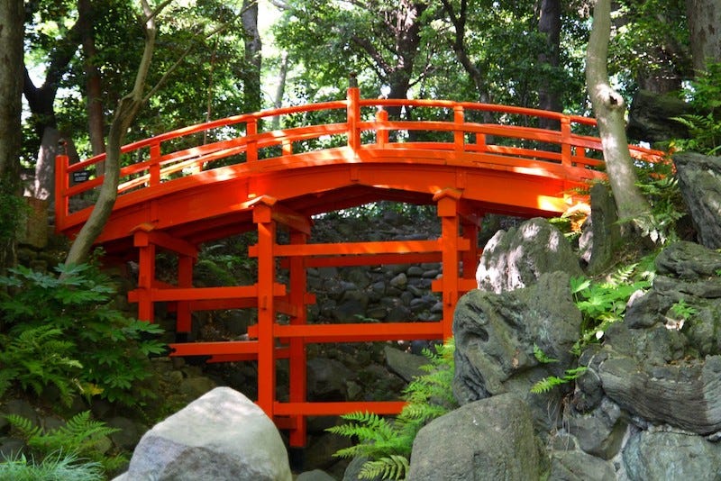 A vermillion bridge at Tokyo’s traditional garden, Koishikawa Korakuen