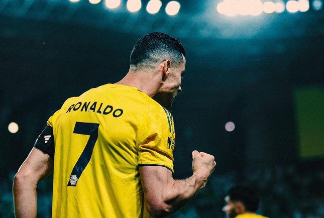Selebrasi Cristiano Ronaldo di laga Al Nassr vs Al Najma di Liga Arab Saudi, Sabtu (04/04/2026). © Dok. Al Nassr X/@Alnassrfc_EN