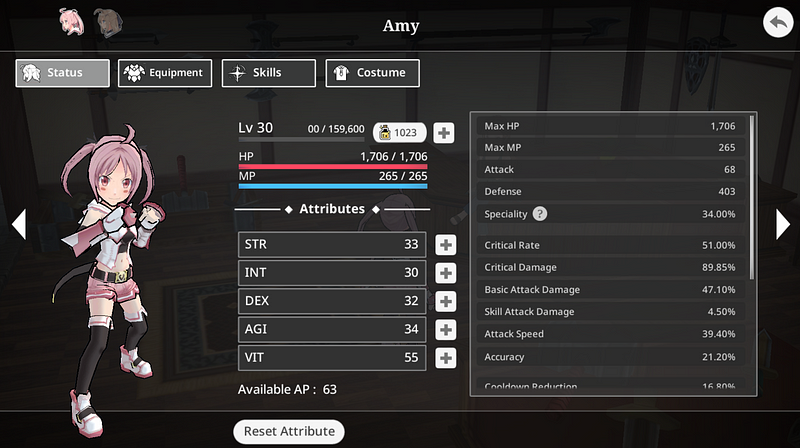 Tampilan status karakter Amy dari game Epic Conquest