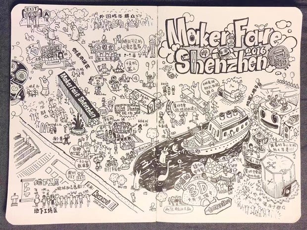SeeedのデザイナーでMaker Faire ShenzhenのクルーでもあるKawi
が描いたドローイング。みんなにとって忘れられないMaker
Faireになった。