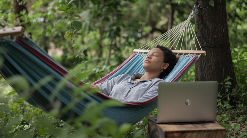 A person relaxing in a hammock with a laptop nearby, symbolising the balance between rest and productivity.