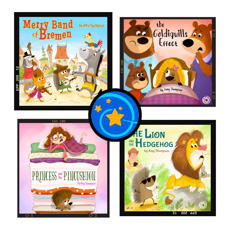 Collage of four Dorktales Storytime Podcast fairy tale illustrations by illustrator Arthur Lin for the Merry Band of Bremen, The Goldiquills Effect, the Princess and the Pincushion and the Lion and the Hedgehog episodes.