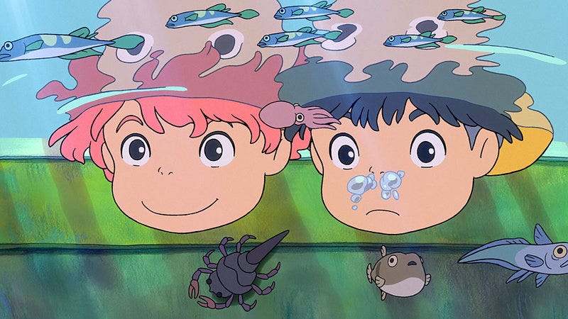 Ponyo and Sosuke sticking their heads underwater to see sea creatures