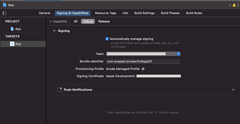 Add push notification capability to your app via Xcode