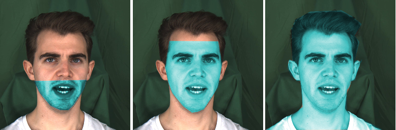 Highlighted in blue, from left to right: The region of the face targeted by lip-only models, by full face models and by full head models. Image is from the MEAD Dataset