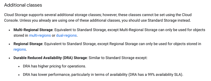 Additional Storage classes of Cloud Storage