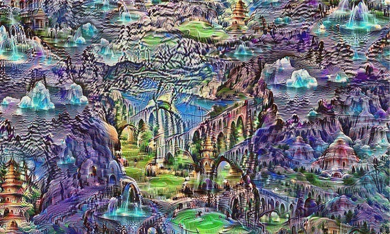 Neural net “dreams” — generated purely from random noise, using a network trained on places by MIT Computer Science and AI Laboratory.