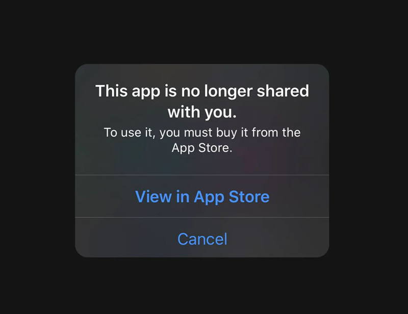 A popup saying you cannot use this app as it’s no longer shared with you.