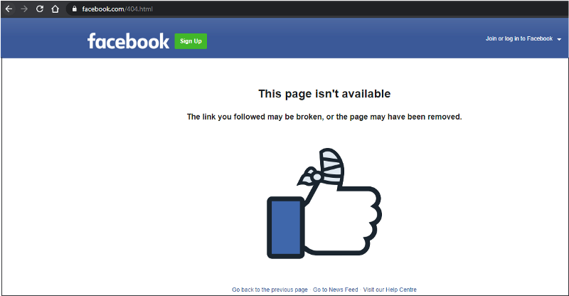 Screenshot of https://www.facebook.com/404.html showing Page Not Found Message