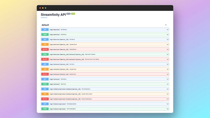 A screenshot from a website that shows a list of all the endpoints of Streamfinity’s API.