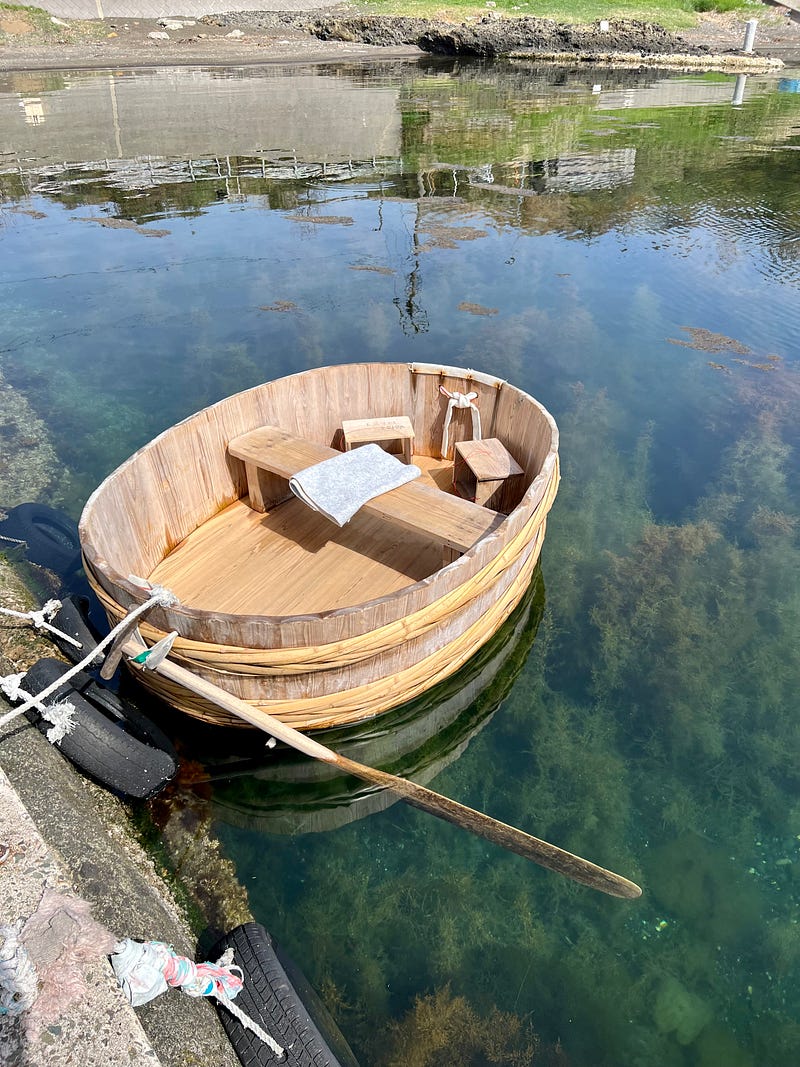 Wooden tub-shaped boat with one oar floating over clear water rich with sea plants.