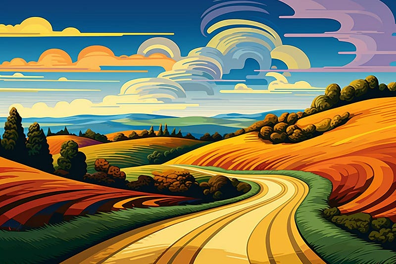 pop art illustration of a country road leading off into the distance, with gently rolling hills in the background