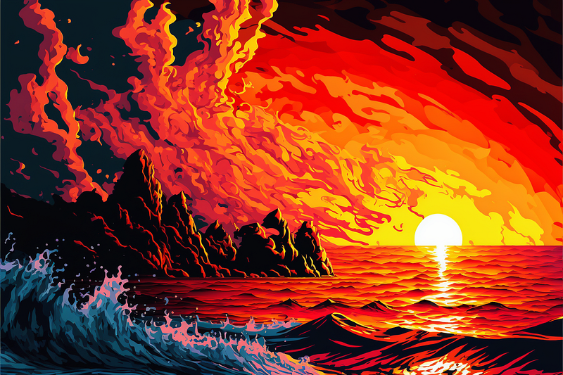 Pop art image of an ocean on fire